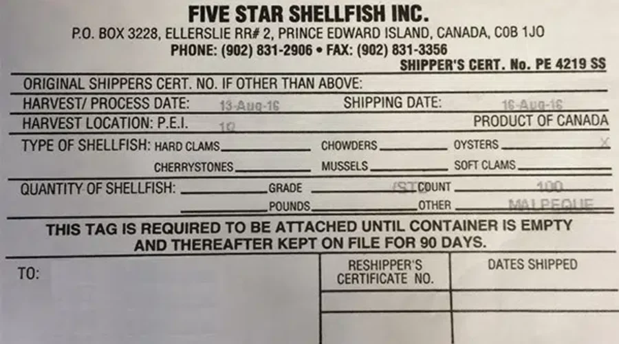 CFIA Recalls Five Star Shellfish Oysters Harvested In PEI