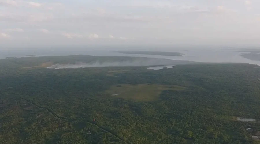 Firefighters, Helicopters Attacking Forest Fire in Jordan Bay