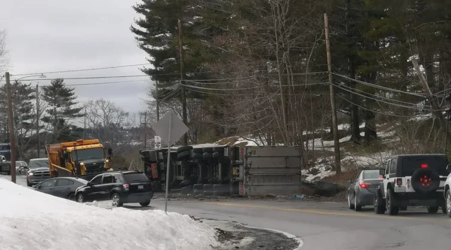 Rolled Tractor Trailer on Aberdeen Road