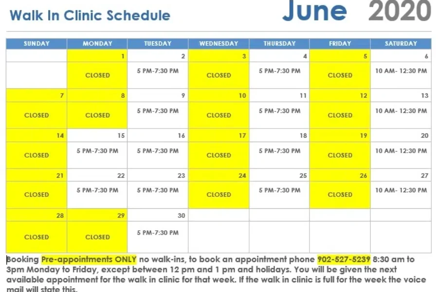June Schedule For The SS Regional Walk-In Clinic.