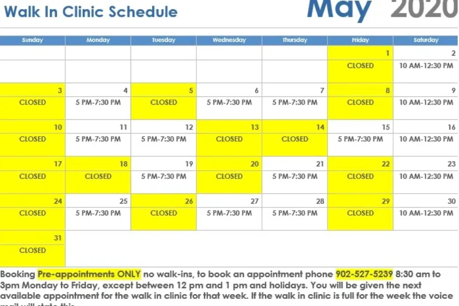 May Schedule For The SS Regional Walk-In Clinic.